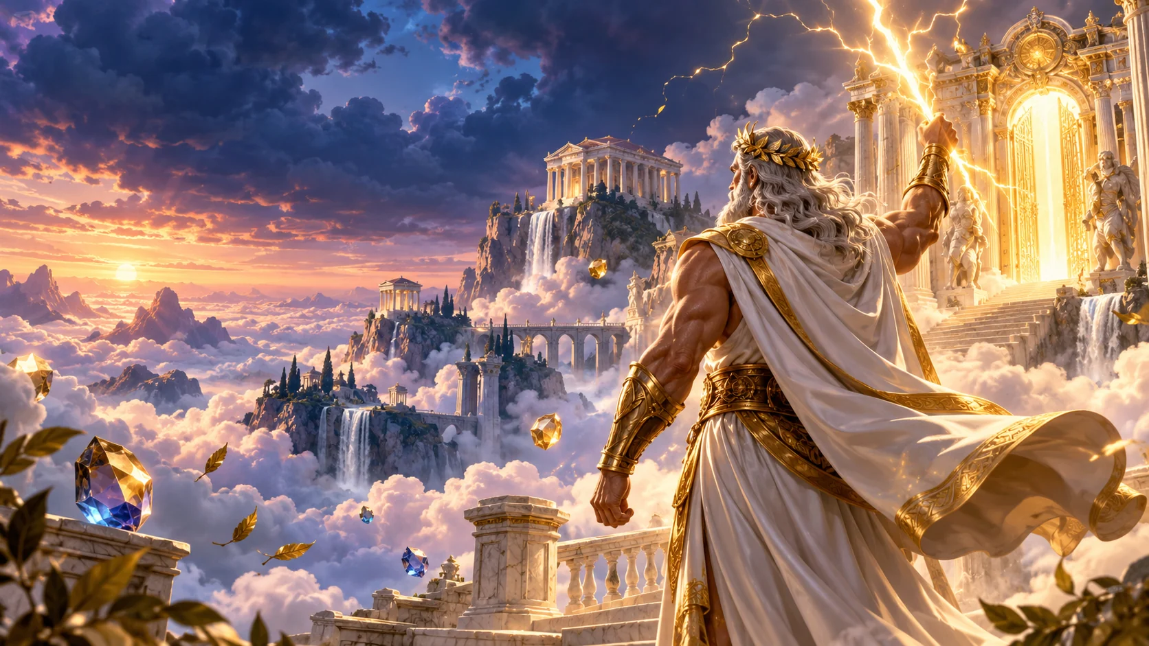 Illustration originale de Zeus au-dessus d’un temple de marbre et des portes de l’Olympe traversées par la foudre