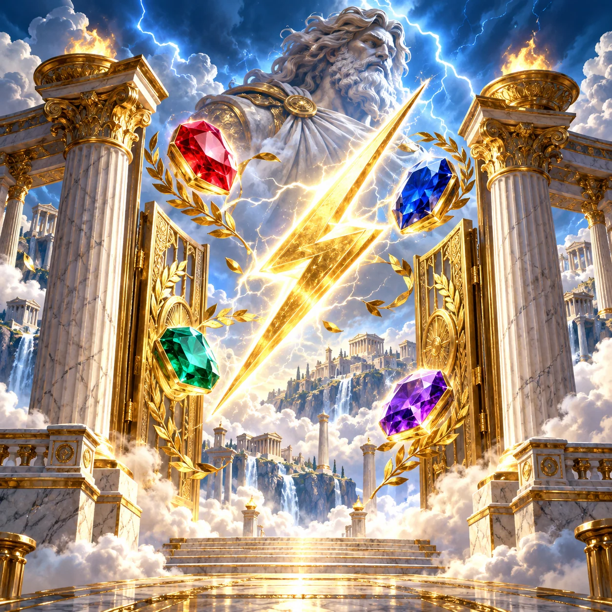 Portes de marbre de l’Olympe, éclairs dorés et gemmes colorées dans les nuages